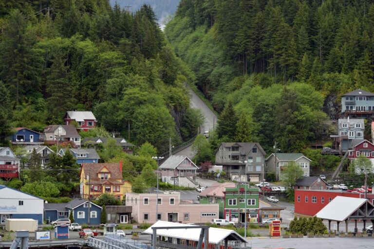 Picturesque small town surrounded by lush green hills and dense forest, showcasing colorful houses and serene scenery.