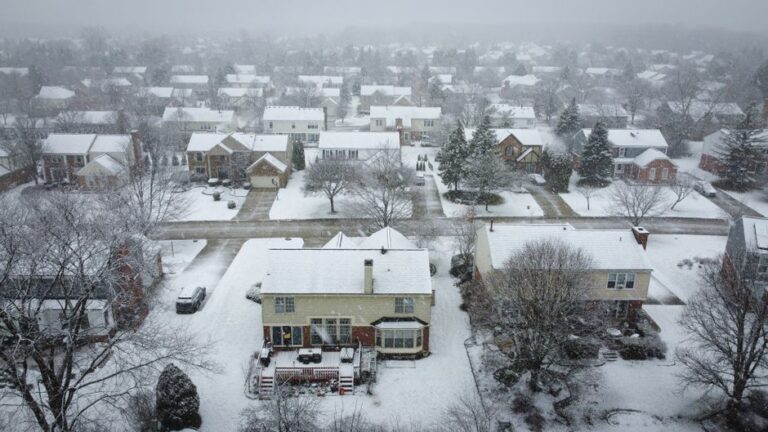 Aerial view of a suburban neighborhood covered in fresh snowfall, showcasing rooftops and trees.