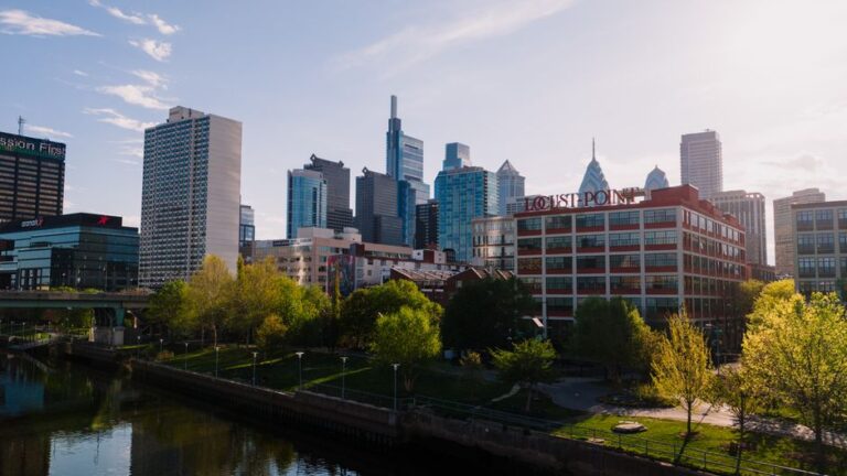A stunning aerial view of Philadelphia's modern skyline and urban architecture on a bright day.