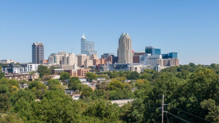 A clear view of Raleigh's skyline, showcasing modern skyscrapers and urban greenery.