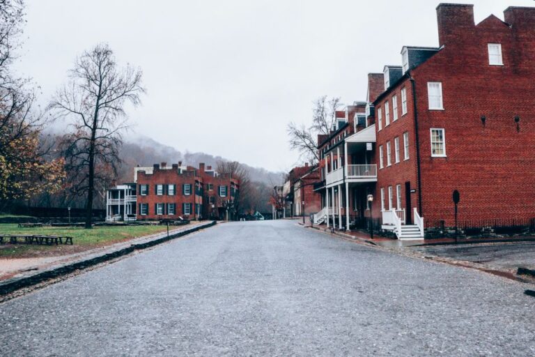 Charming view of a historic street with red brick buildings and bare trees, ideal for architectural themes.